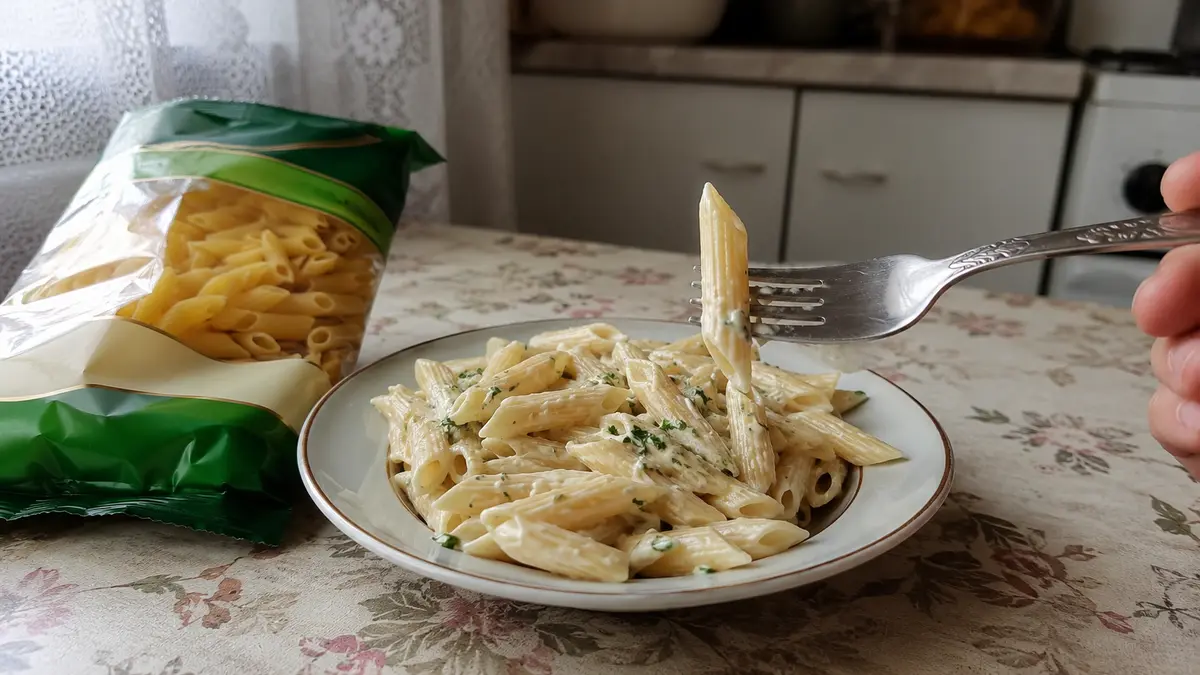 Тарелка готовых белорусских макарон и пачка рядом