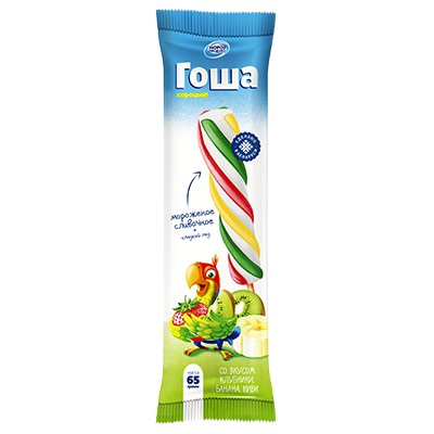 Мороженое Гоша пламбир с ароматом ванили в покрытии из сладкого льда со вк клубники банана и киви 65