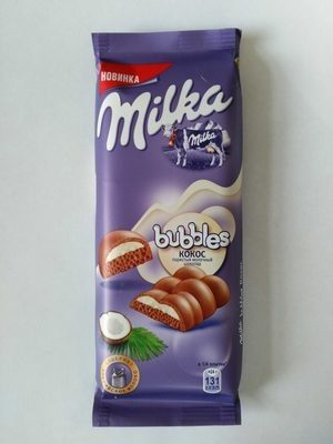 Шоколад молочный пористый "Milka bubbles" с кокосовой начинкой