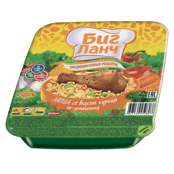 Лапша б/п Биг Ланч традиционные рецепты со вкусом курицы по-домашнему лоток 90г