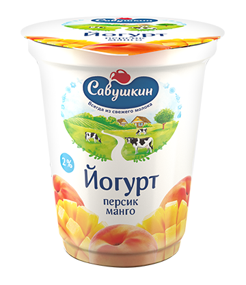 Йогурт густой "Савушкин" персик-манго, жирность - 2%, 350 г.
